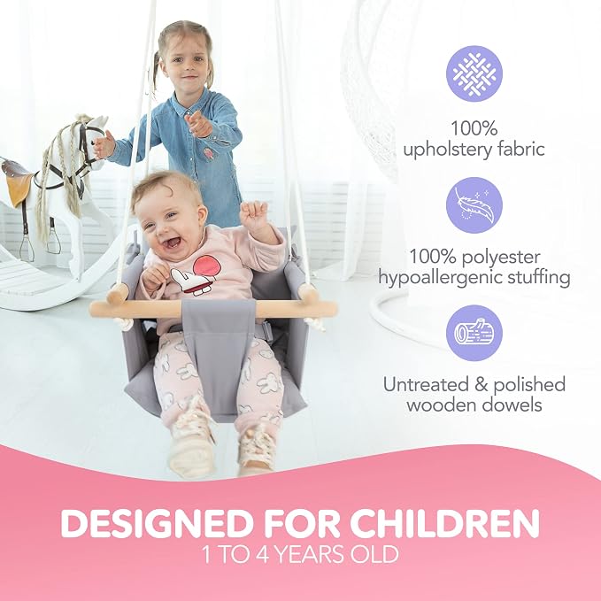 CaTeam - Canvas Baby Swing, Wooden Hanging Swing Seat Chair - Image 2