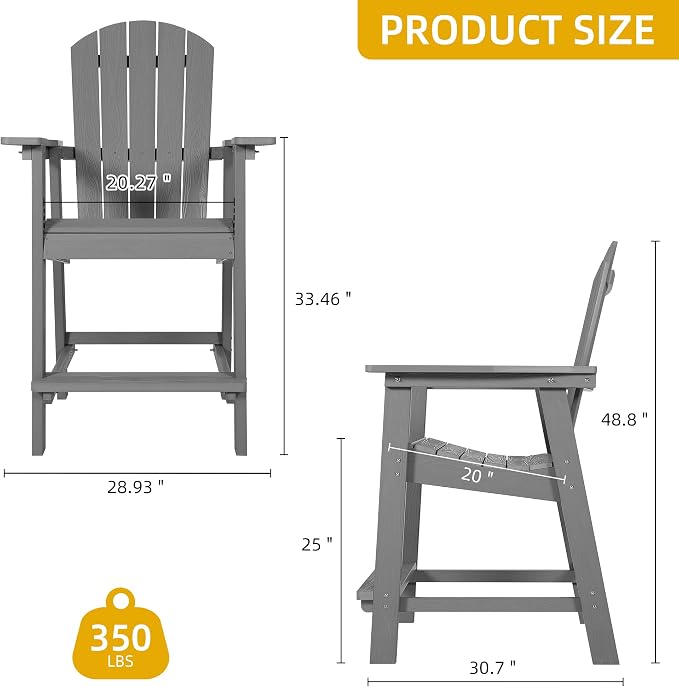 DWVO 25" Tall Adirondack Chair Set of 2, Poly Bar Height Balcony Chairs - Image 3