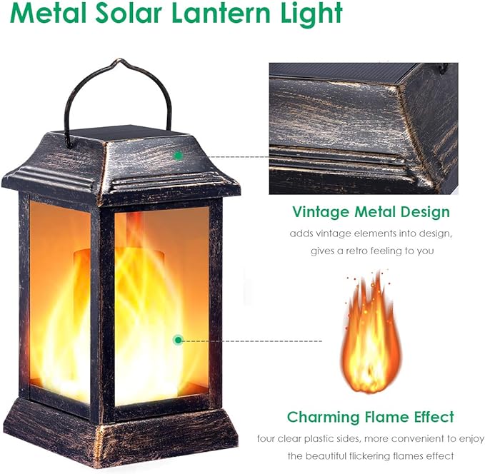 TomCare Solar Lights Metal Flickering Flame Solar Lantern Outdoor Hanging - Image 2