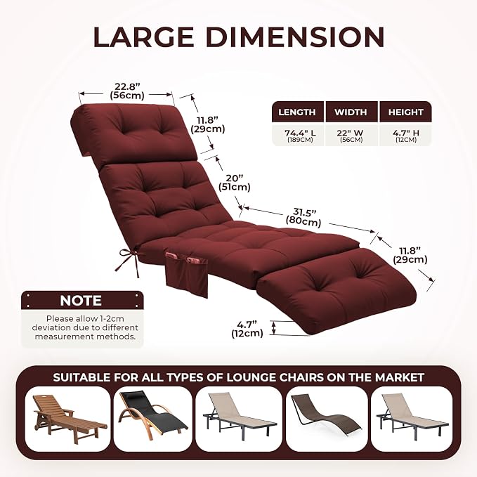 Outdoor Chaise Lounge Chair Cushion Waterproof 74.4 x 22 x 4.7 Inches Lounge - Image 3