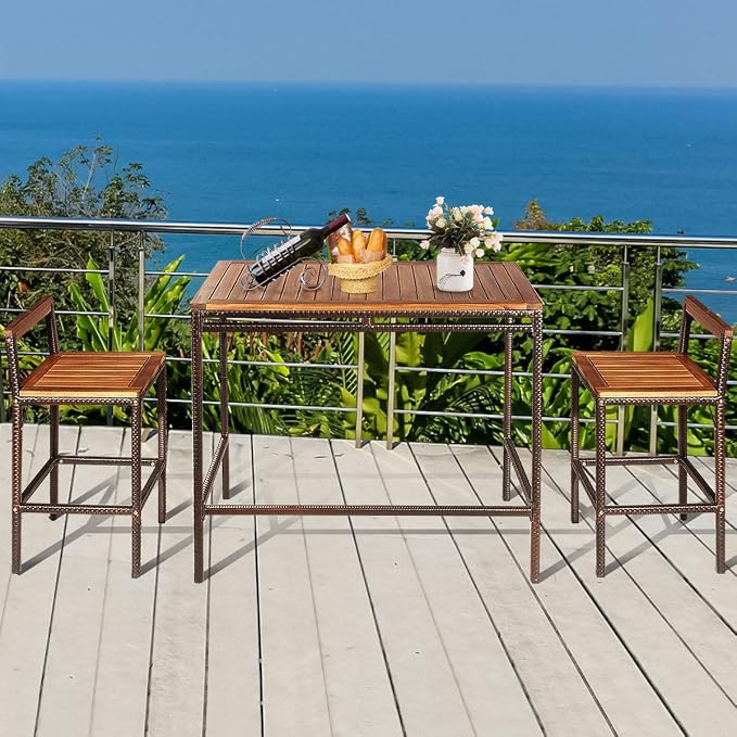 Tangkula 3 Pieces Patio Bar Table Set, Outdoor Rattan Bistro Set - Image 4
