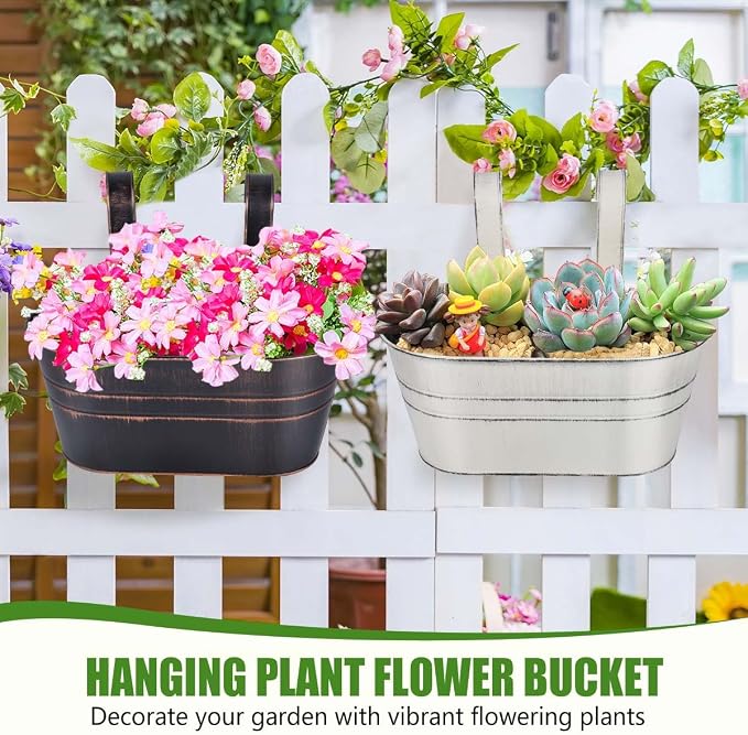 OBTANIM 4 Pack Metal Hanging Flower Pots Iron Railing Planter Outdoor Fence - Image 4