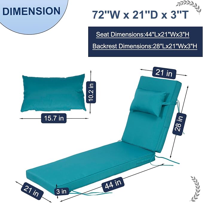 Outdoor Chaise Lounge Cushions Set of 2, Waterproof Fade Resistant Patio - Image 4