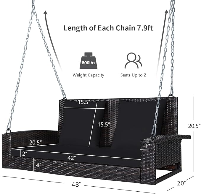 DORTALA Hanging Porch Swing, 2-Person Outdoor Wicker Swing Chair Bench - Image 5