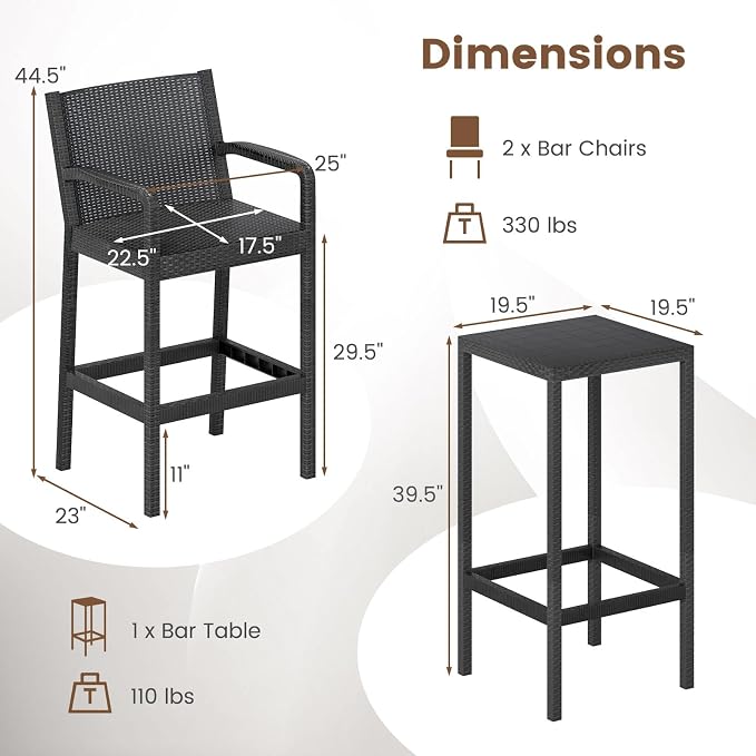 Tangkula 3 Pieces Patio Bar Set, Oudoor Curved Heavy Duty Bar Chairs and Square - Image 9