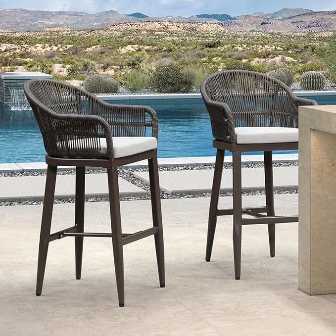 PURPLE LEAF Outdoor Bar Height Stools Set of 2 Patio Metal Modern Wicker Rattan by PURPLELEAF