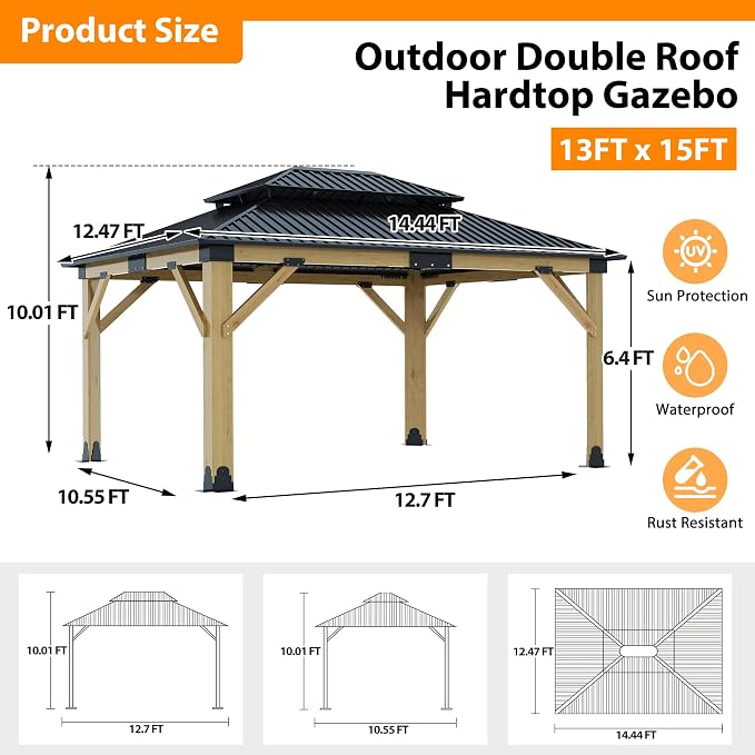13x15FT Wood Gazebo, Outdoor Wooden Gazebo - Image 6