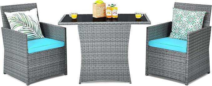 Tangkula 3 Pieces Patio Dining Set, Patiojoy Space-Saving PE Rattan Bistro Set by TANGKULA