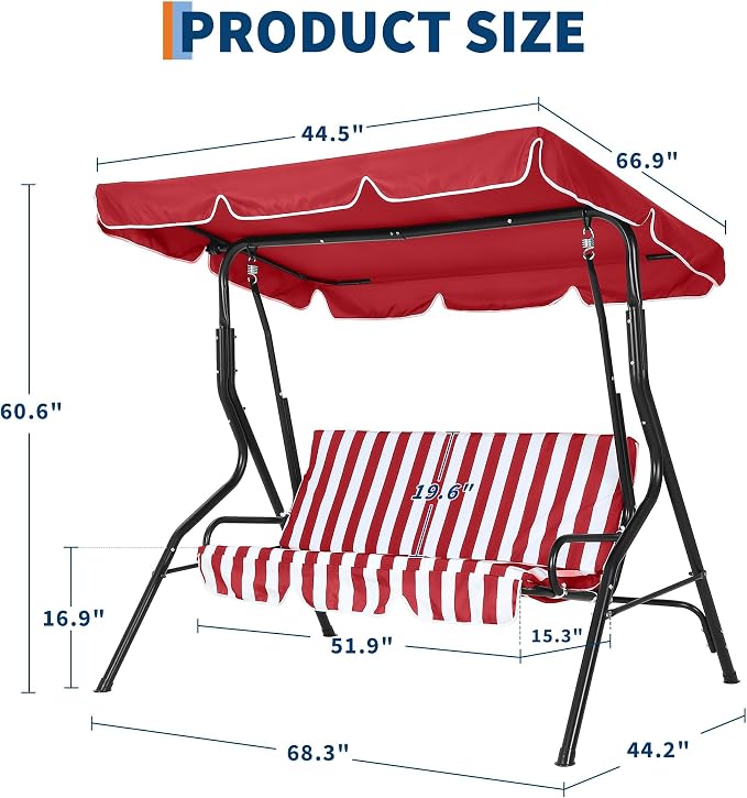 Outdoor Patio Swing Chair with Adjustable Canopy 3-Seat Heavy-Duty Steel Frame - Image 2