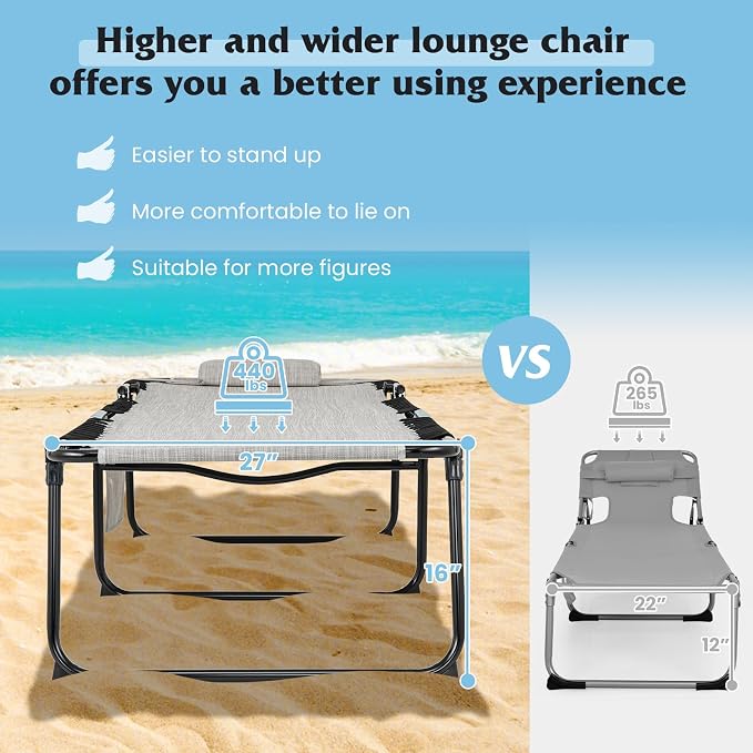 GYMAX Lounge Chair for Outside, 440lbs 27” Oversize Folding Beach Tanning - Image 4
