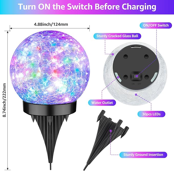 2-Pack Garden Solar Lights Outdoor, Colored Cracked Glass Ball Light Waterproof - Image 8