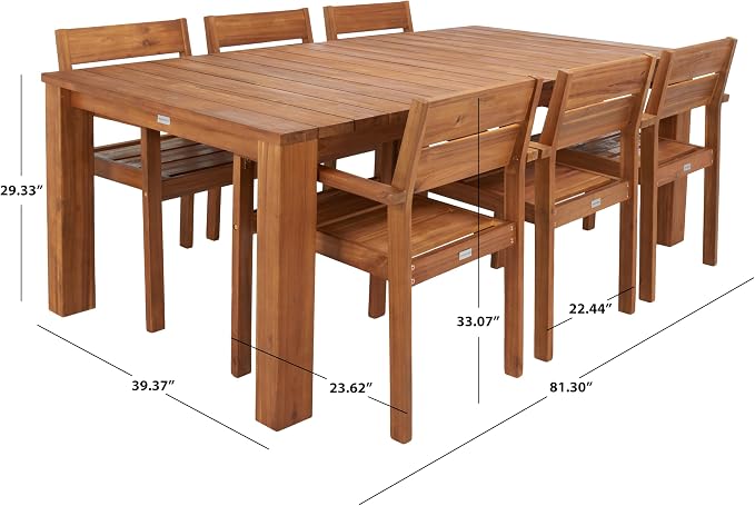 SAFAVIEH Outdoor Collection Hestia Natural Brown Acacia Solid Wood 7-Piece - Image 4