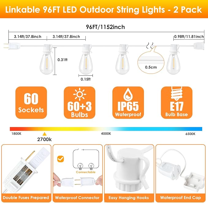 192FT LED Outdoor String Lights, Linkable Patio Light - Image 5
