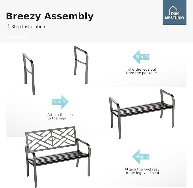MFSTUDIO Outdoor Metal Bench Set of 2, Garden Patio 43.7 Inches Cast Iron Metal - Image 7