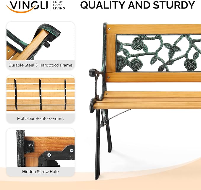 VINGLI Outdoor Bench Metal Garden Bench, Wood Patio Benches w/PVC Backrest Cast - Image 4