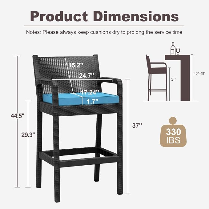 Outdoor Bar Stools Set of 2, Wicker Bar Chair - Image 3