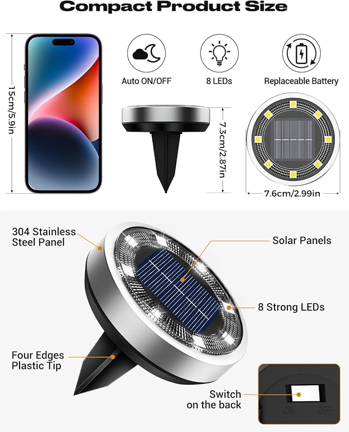 btfarm 6 Pack Solar Lights Outdoor, 8 LED Solar Ground Lights IP65 Waterproof - Image 6