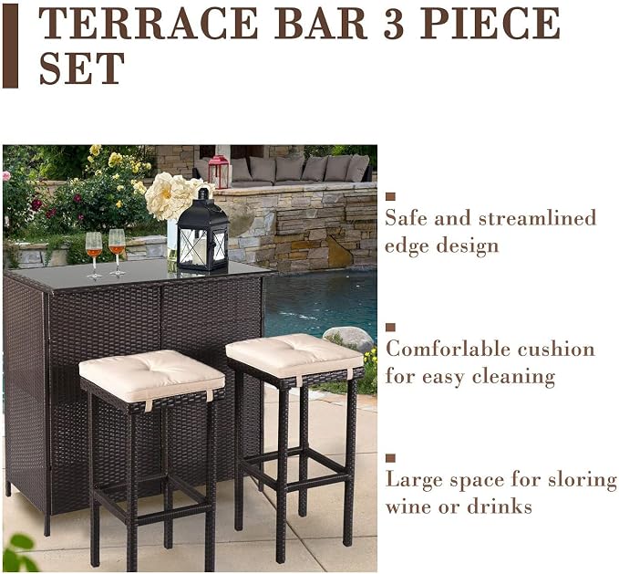 Outdoor Bar Set 3-Piece Brown Wicker Patio Furniture - Image 3