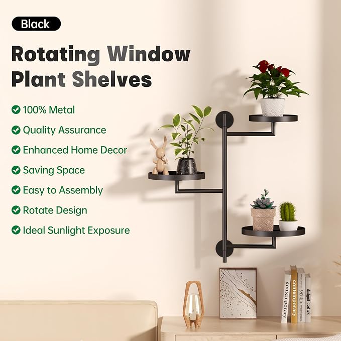 Window Rotating Plant Stand Shelf Indoor Black Metal Floating Shelves 3-Tier - Image 3