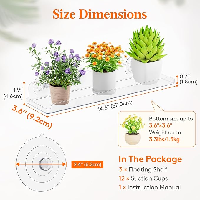 Lifewit Window Plant Floating Shelves 14.6x3.6, 4 Pack Acrylic Suction Cup Shelf - Image 3