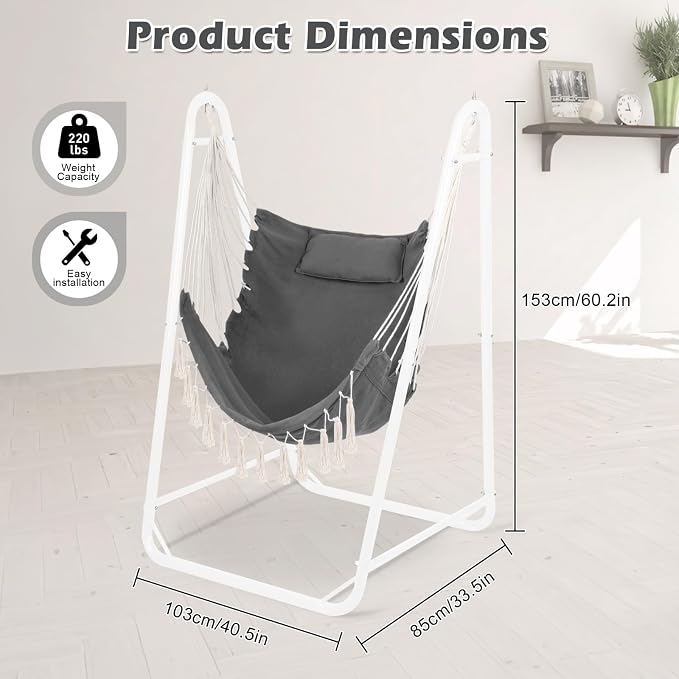 Hammock Chair with U Shape Stand, Cotton Swing Chair with Side Pocket, - Image 2