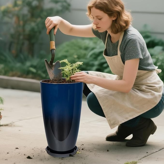 Set of 2 Lightweight Ceramic-Look Tall Planter, 21 inch Large Plastic Planter - Image 7