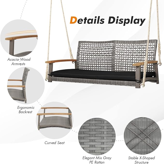 Happygrill 2-Person Patio Porch Swing Chair, Outdoor Rattan Swing Bench - Image 7