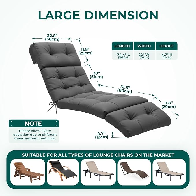 Outdoor Chaise Lounge Chair Cushion 74.4 x 22 x 4.7 Inches Non-Slip Lounge - Image 2