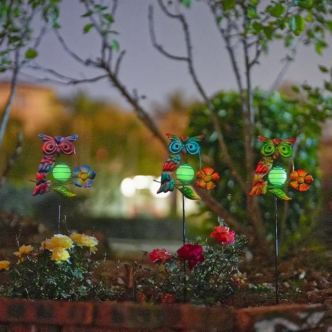 Set of 3 Owl Decorative Garden Stakes, Glow in The Dark Metal Yard Art - Image 6