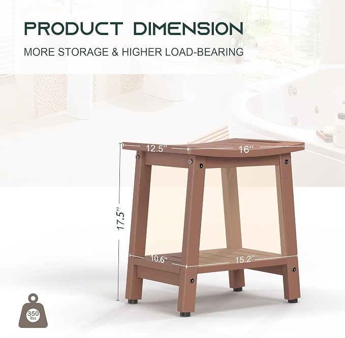Shower Bench for Inside Shower, Teak Brown HDPE Shower Stool Waterproof - Image 2
