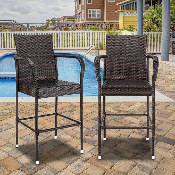 VINGLI Wicker Bar Stools Outdoor Set of 2, Outdoor Bar Height Chairs, Patio - Image 7