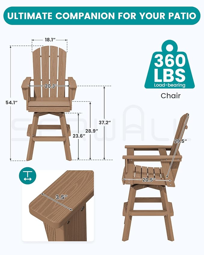 SERWALL Swivel Adirondack Barstools Set of 2, HDPE Outdoor Swivel Bar Chairs - Image 2