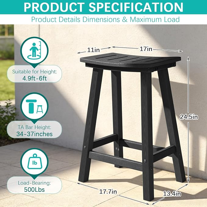 Outdoor Bar Stools Set of 6, 24 Inch All-Weather HDPE Counter Height Chairs - Image 3