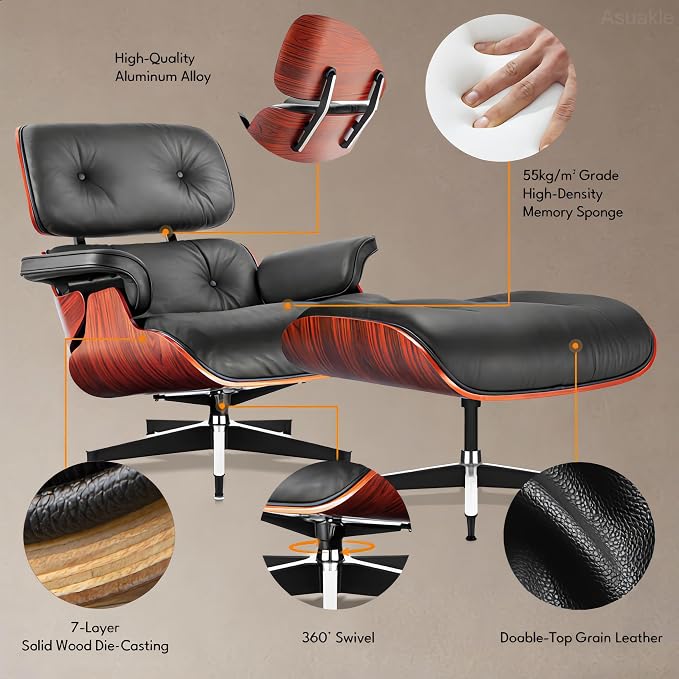 Top Black Grain Leather, Mid Century Chaise Lounge Chair and Ottoman, Modern - Image 6