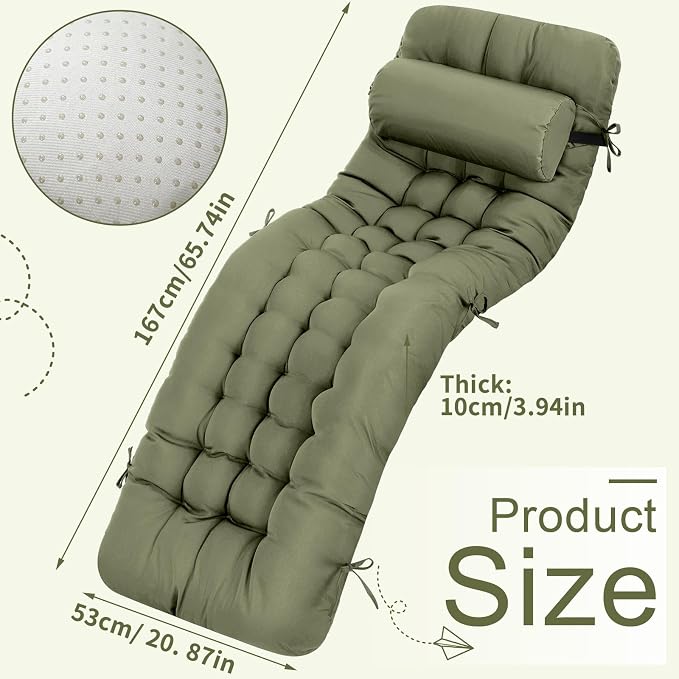Tudomro 2 Pcs Olive Green 66'' Outdoor Chaise Lounge Cushion Waterproof Patio - Image 2