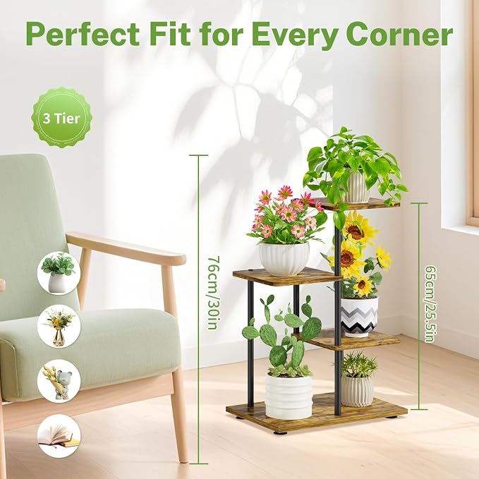 iDavosic.ly 3 Tier Plant Stand Indoor, Tiered Corner Metal Wood Multiple Flower - Image 2