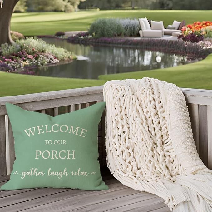 PANDICORN Welcome to Our Porch Stay Awhile Green Farmhouse Decorative Throw - Image 3