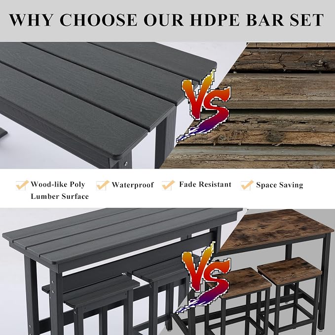 3 Pcs HDPE Outdoor Bar Set of 2 Includes Bar Height Table and Chairs, Patio Bar - Image 6