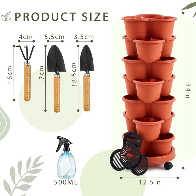 Umigy 2 Set Clay Red 7 Tier Stackable Vertical Planters - Image 2