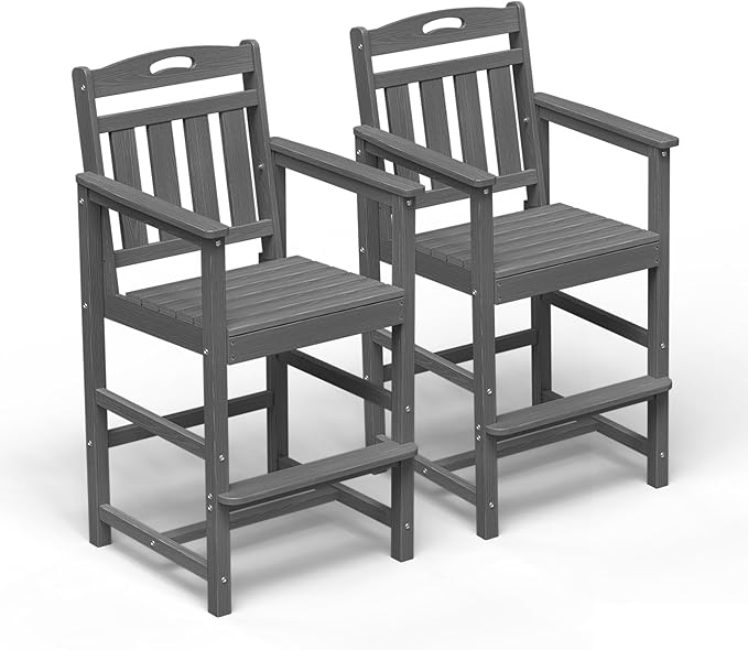 Outdoor Patio Tall Adirondack Bar Chairs Set of 2, All-Weather HDPE Bar Height by Suunyn