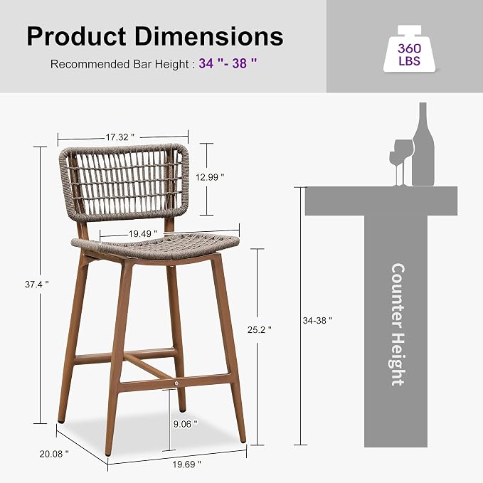 PURPLE LEAF Patio Counter Height Bar Stools Set of 4 Metal Bar Chairs - Image 2