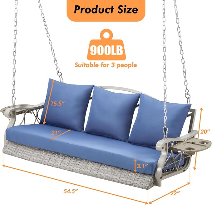 Heavy Duty 900 LBS Porch Swing Chair 3-Person Outdoor Rattan Patio Swing Lounge - Image 7