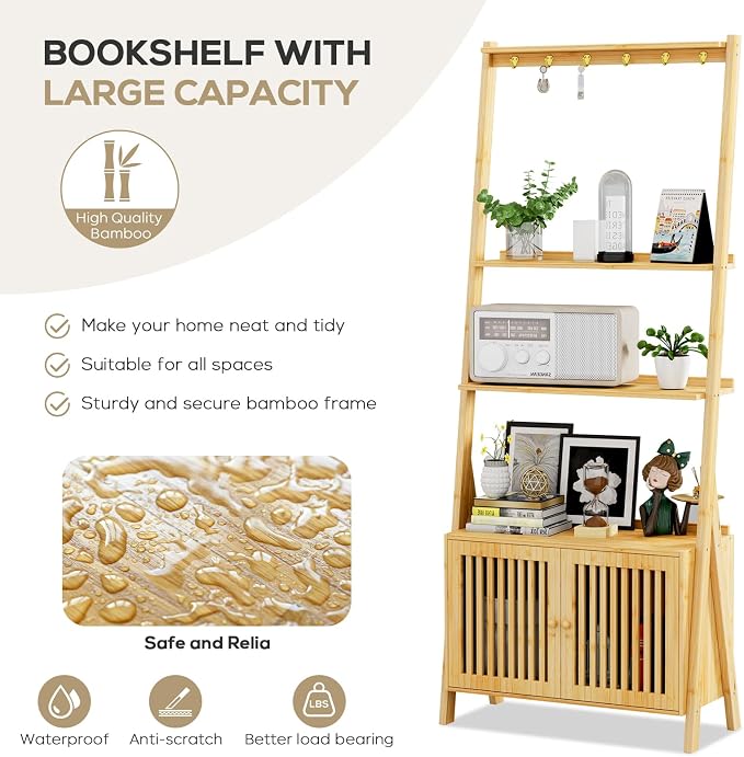 Bookcase with Drawers, 4-Tier Bamboo Bookshelf Ladder Shelf with 6 Hooks - Image 7