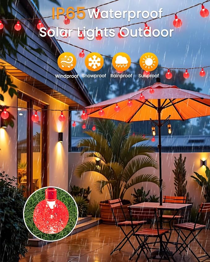 2-Pack 100 LED Red Solar String Lights Outdoor - 64FT Crystal Globe Waterproof - Image 5