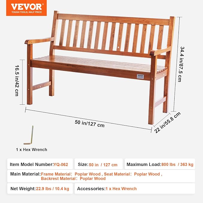 VEVOR Wood Outdoor Bench, 2-Person Garden Bench - Image 3