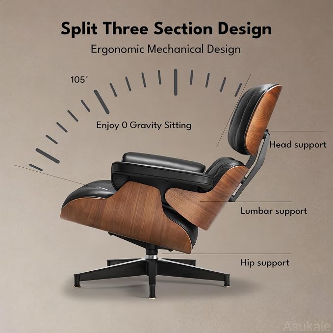 Top Black Grain Leather, Mid Century Chaise Lounge Chair and Ottoman, Leather - Image 7