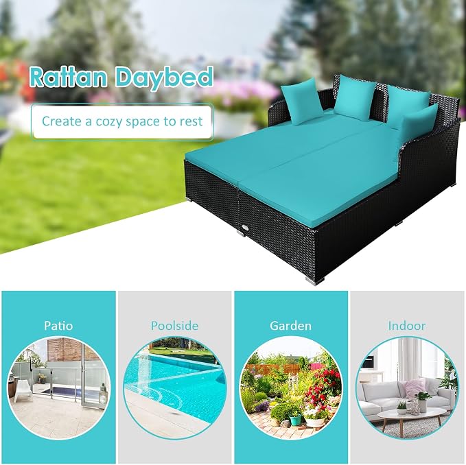 COSTWAY Outdoor Patio Rattan Daybed, Sponge Cushioned Loveseat Sofa - Image 9