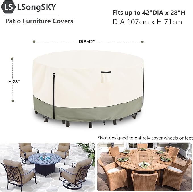 42 inch Round Patio Table Cover, 600D Heavy Duty Outdoor Furniture Covers - Image 2