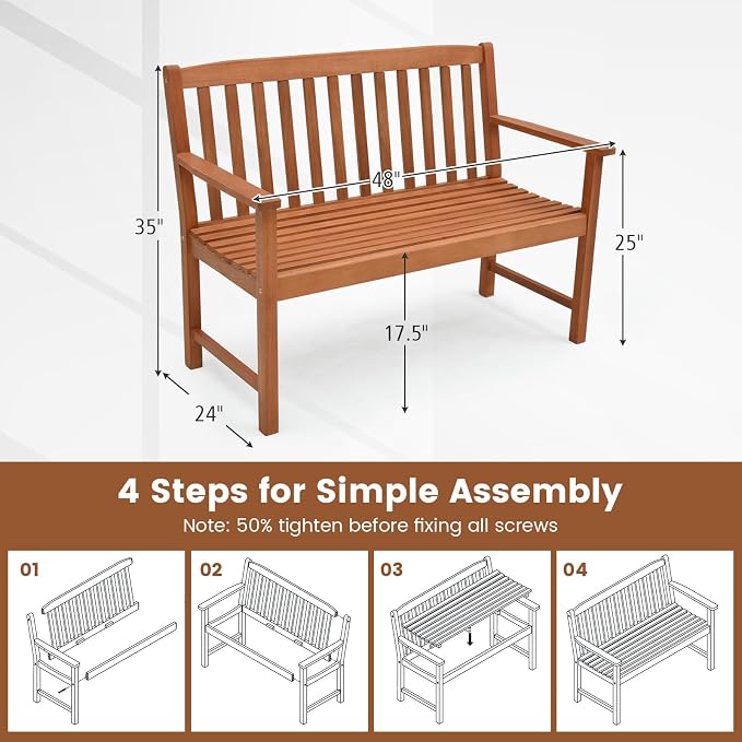 Tangkula Outdoor Garden Bench, 2-Person Eucalyptus Wood Bench - Image 3