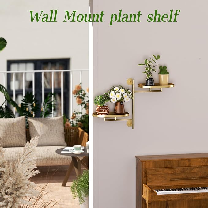 Window Rotating Plant Stand Shelf Indoor Gold Metal Floating Shelves 2-Tier - Image 6